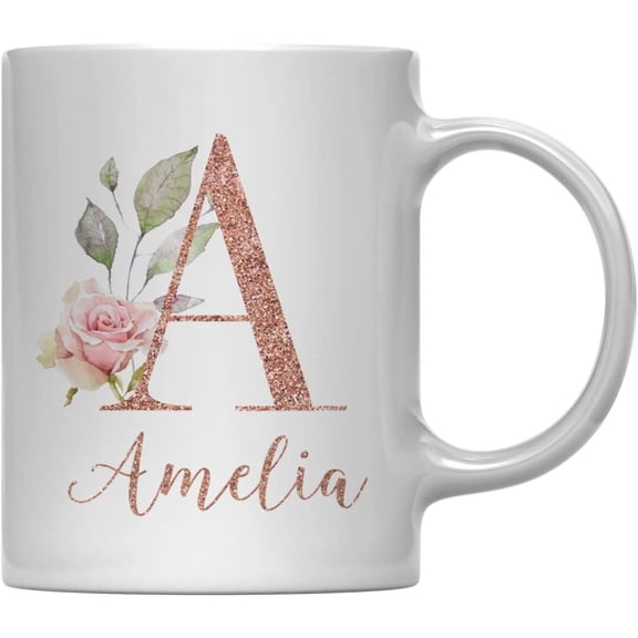 CTDream Personalized 11oz. Coffee Mug Gift, Pink Watercolor Roses with Faux Rose Gold Glitter Monogram Letter and Name, 1-Pack, Custom Letter Name, Includes Gift Box, Coworker Mother Presents