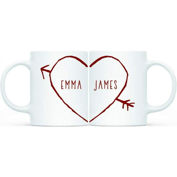 CTDream Personalized Valentine's Day 11oz. Coffee Mug Gift for Couple, Heart with Arrows Graphic including Couple Names, 2-Pack, Custom Name