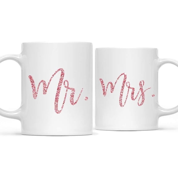 CTDream Wedding Party Couple 11oz. Coffee Mug Gift, Mr. and Mrs., Blue and Faux Pink Glitter, 2-Pack, Bridal Shower Engagement Anniversary Present Ideas