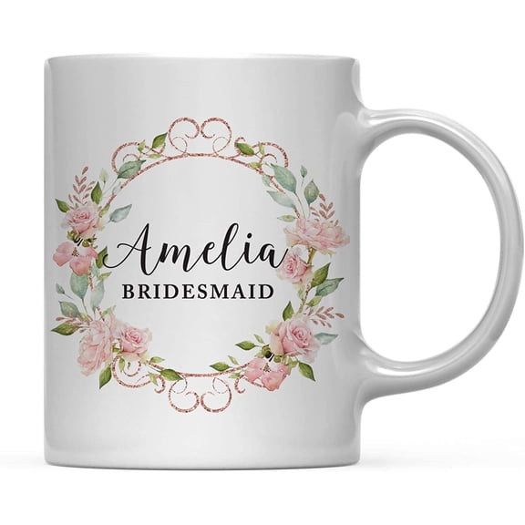 CTDream Wedding Party Personalized 11oz. Coffee Mug Gift, Amelia Bridesmaid, Pink Watercolor Roses with Faux Rose Gold Glitter 1-Pack, Custom Birthday Present Ideas