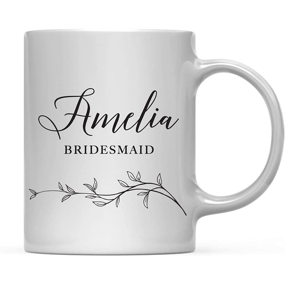 CTDream Wedding Party Personalized 11oz. Coffee Mug Gift, Amelia Bridesmaid, Vintage Boho Black Leaves Botanical Arrangement, 1-Pack, Custom Birthday Present Ideas