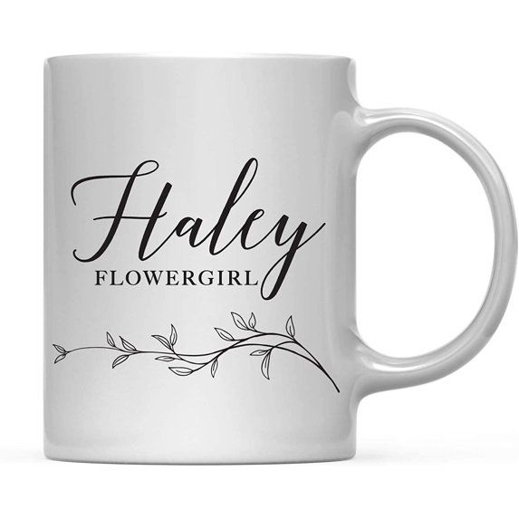 CTDream Wedding Party Personalized 11oz. Coffee Mug Gift, Haley Flowergirl, Vintage Boho Black Leaves Botanical Arrangement, 1-Pack, Custom Birthday Present Ideas