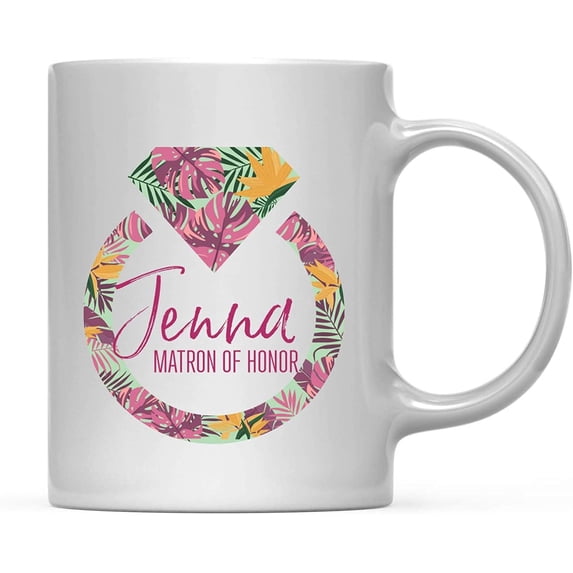 CTDream Wedding Party Personalized 11oz. Coffee Mug Gift, Jenna Matron of Honor, Tropical Monstera Palm Leaves Bright Colors, 1-Pack, Custom Birthday Present Ideas