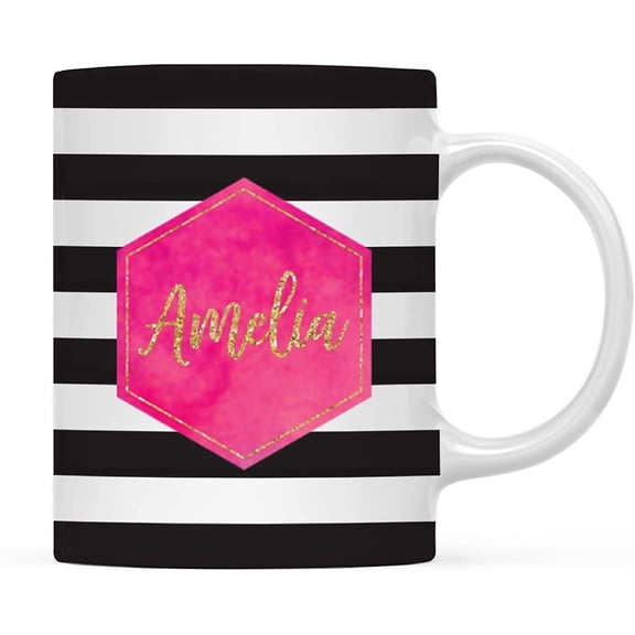 CTDream Wedding Party Personalized 11oz. Coffee Mug Gift, Your Name Here, Modern Black White Stripes Hot Pink Fuchsia Watercolor with Faux Gold Glitter, 1-Pack, Birthday Present Ideas