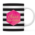 thumbnail image 1 of CTDream Wedding Party Personalized 11oz. Coffee Mug Gift, Olivia Maid of Honor, Modern Black White Stripes Hot Pink Fuchsia Watercolor with Faux Gold Glitter, 1-Pack, Custom Birthday Present Ideas, 1 of 6