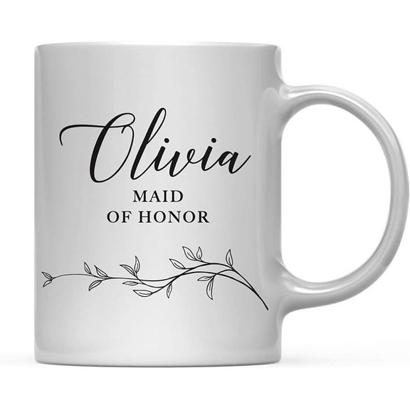 CTDream Wedding Party Personalized 11oz. Coffee Mug Gift, Olivia Maid of Honor, Vintage Boho Black Leaves Botanical Arrangement, 1-Pack, Custom Birthday Present Ideas
