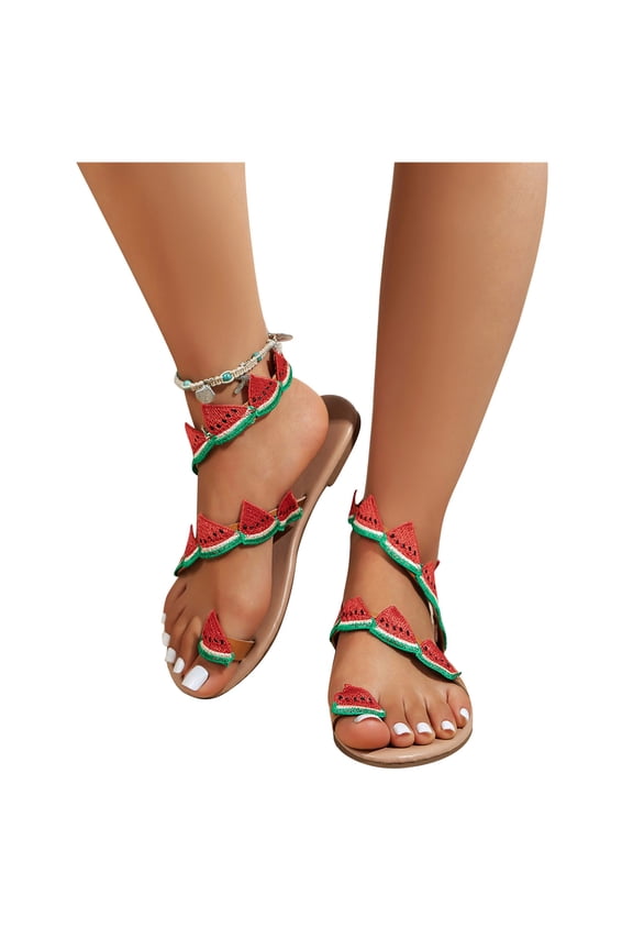 Summer Sandals for Women Flats Sandals Flowers Beaded Open Toe Breathable Comfortable Roman Sandals