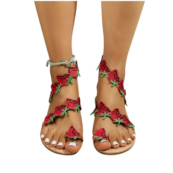 CHGBMOK Summer Sandals for Women Flats Sandals Flowers Beaded Open Toe Breathable Comfortable Roman Sandals