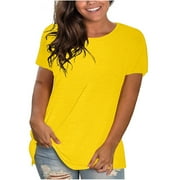 CHGBMOK O-Neck T-shirts for Women Short Sleeve Tunic Tops Summer Casual Womens Shirts Yellow L