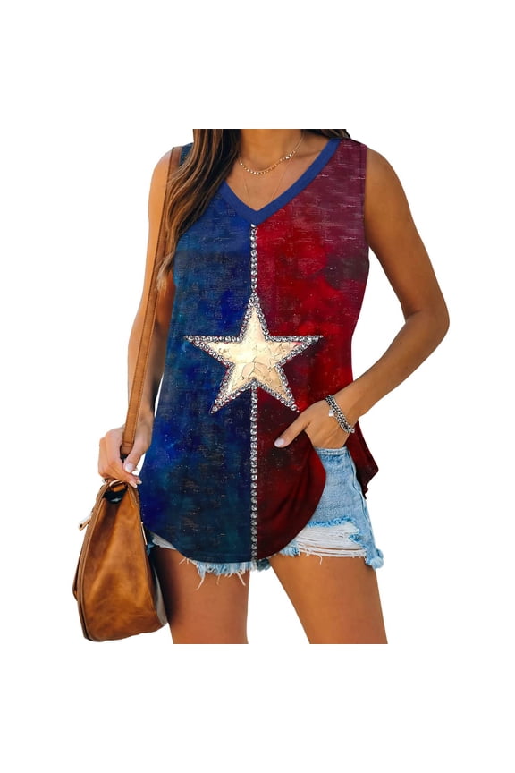 Plus Size Womens Tops Summer Spaghetti Strap Tank Top Sleeveless Flag Print Vest Independence Day Star Striped T Shirt 4th of July