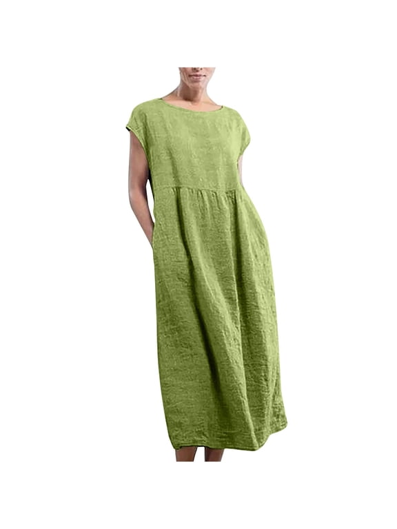 CTEEGC Summer Pockets Dress for Womens Short Sleeve V Neck Casual Dresses Cotton Linen Pleat Knee Length Sundress Midi Dress