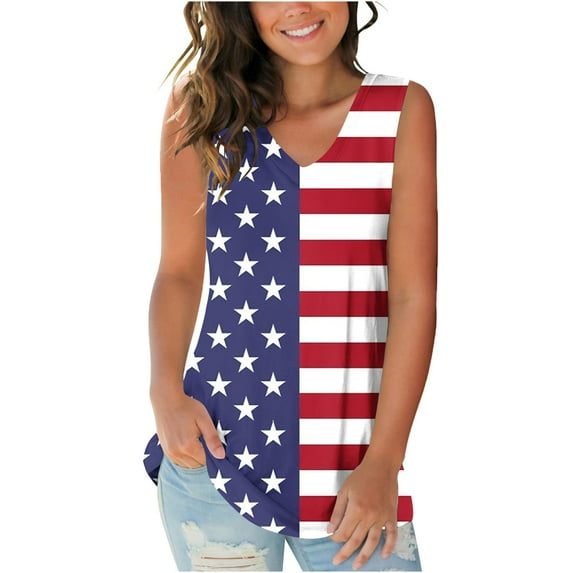 CHGBMOK Womens American Flag Tank Tops 4th of July Camo Tee Summer Loose Sleeveless Patriotic T Shirts USA Star Striped Tops Plus Size