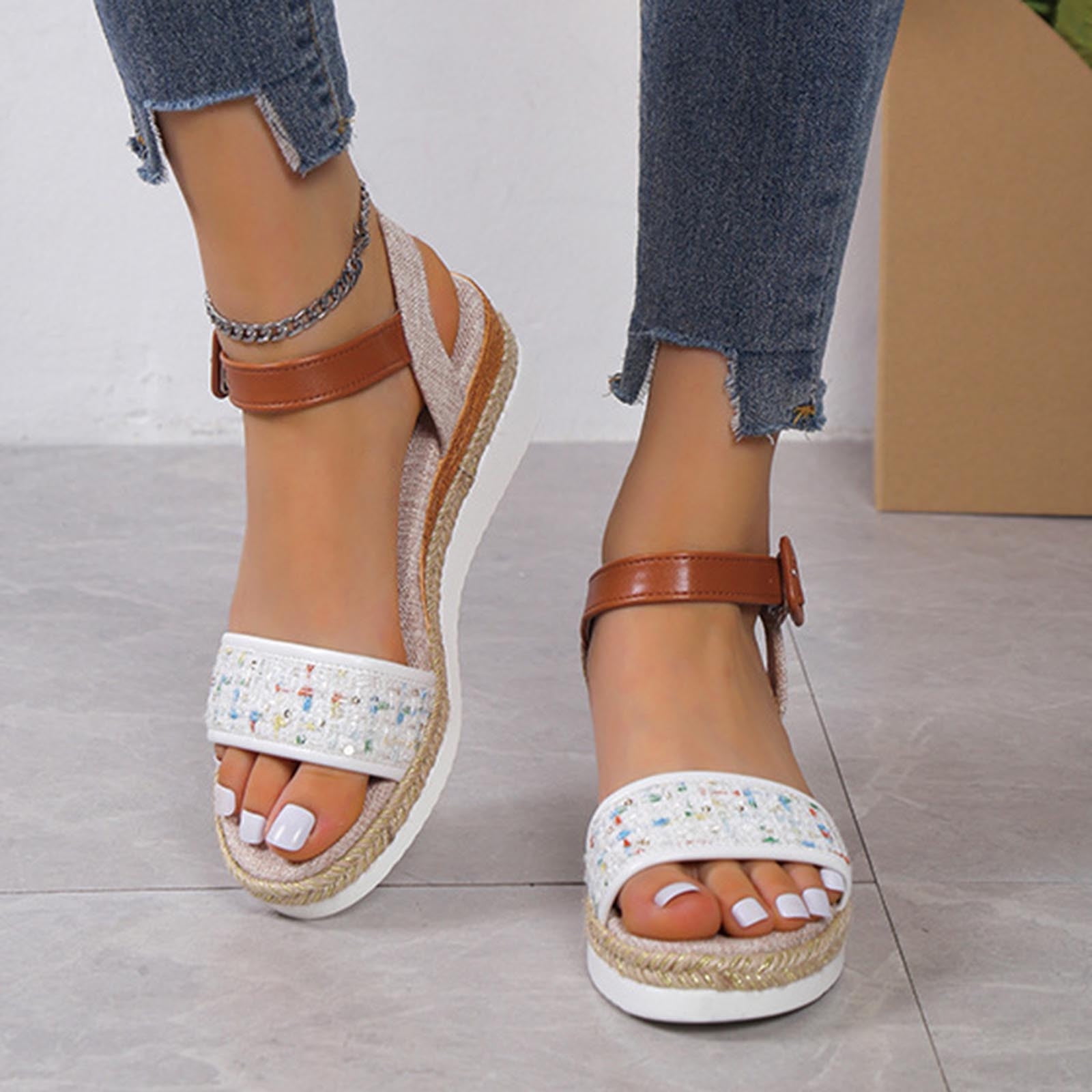 Women Summer Large Size Wedge Buckle Belt Open Toe Slope Heel Weaving  Sandals | eBay
