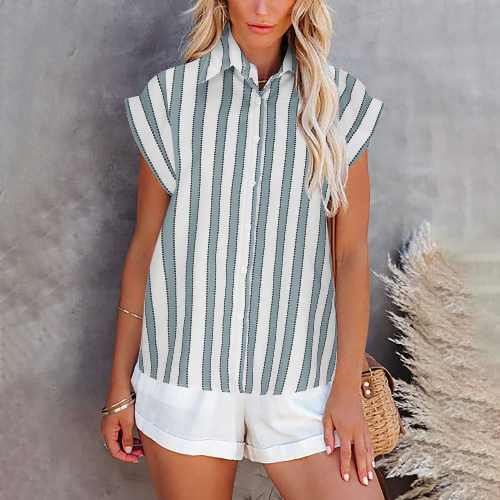 CTEEGC Womens Tops Striped Printed Single Breasted Short Sleeve Shirt  Blouse Tops