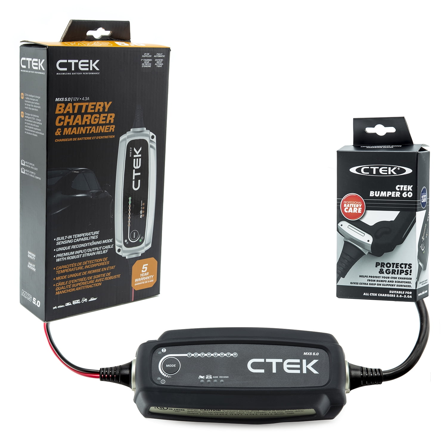 CTEK 40-206 MXS 5.0-12 Volt Battery Charger and Maintainer with 56-915  Black Bumper Accessory 