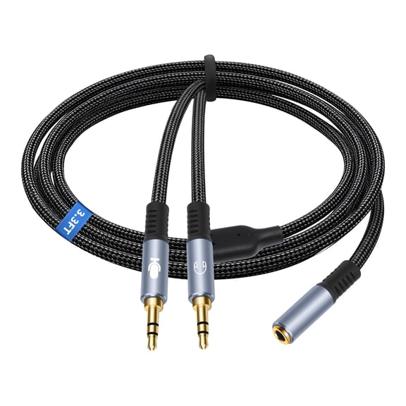 CTIA Headset Adapter Cable for Desktop Voice Chat, 3.5mm Female to Two Male Splitter, Braided Shell, Computer Use