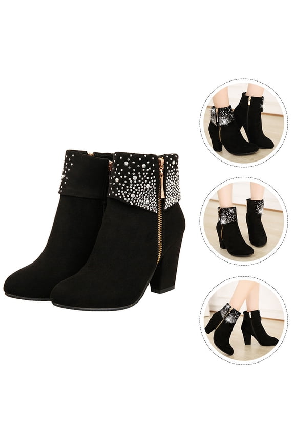 1 Pair Short Bootie Black Rubber Pu High Heel Side Zipper Comfortable For Women Wedding Formal Occasions