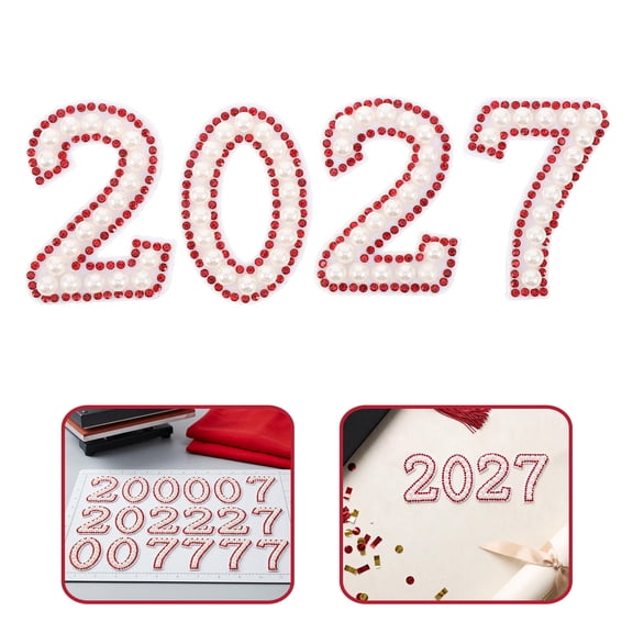 CTIRCHIU 10Sets 2027 Themed Red Rhinestone Number Iron on Patches for Jackets Hats and Bags