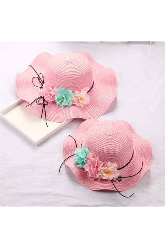Girls Sun Hats Wide Brimmed Straw Pink 1Pcs