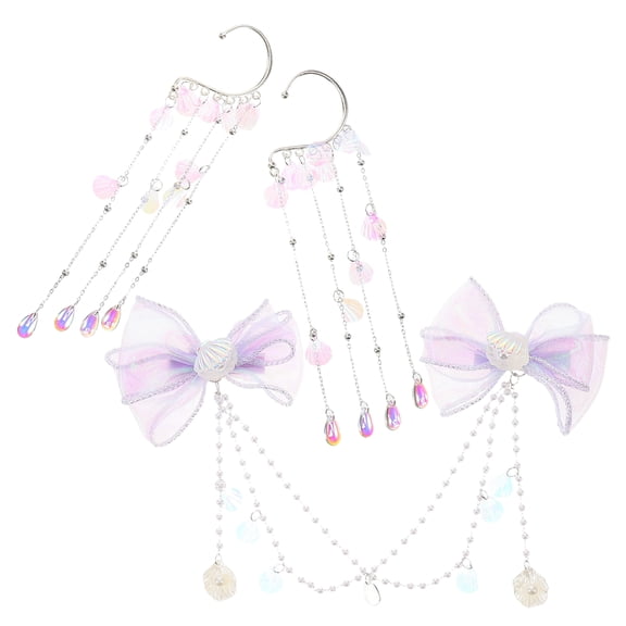 CTIRCHIU 1Set Purple Mermaid Forehead Chain Hair Accessory with Artificial Pearls and Tassel Bow for Parties