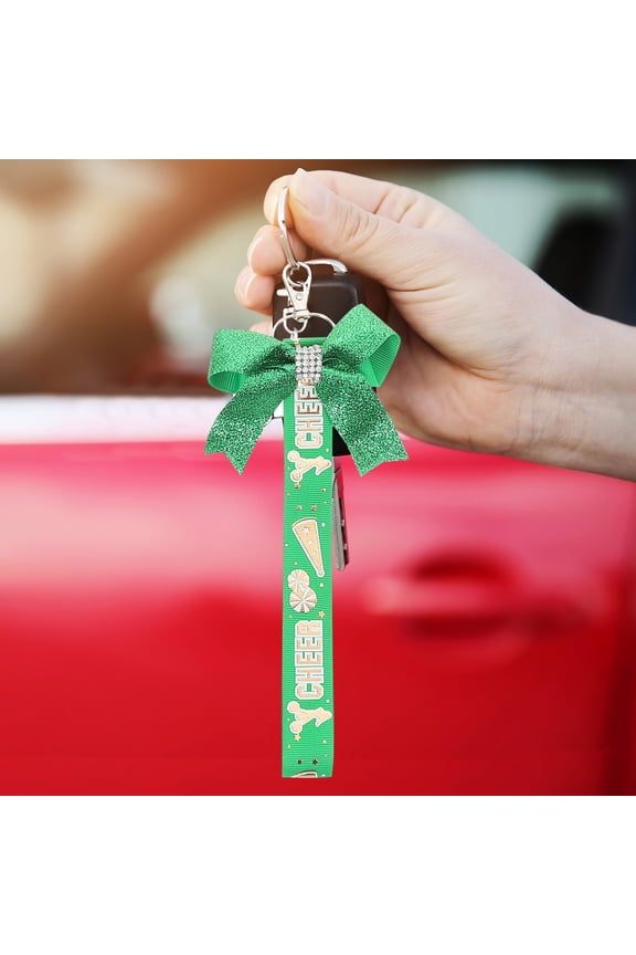 5-Pack Cheerleader Keychains with Green Bow Pendant, Ribbon Charm for Backpack, Purse, or Bag Accessories