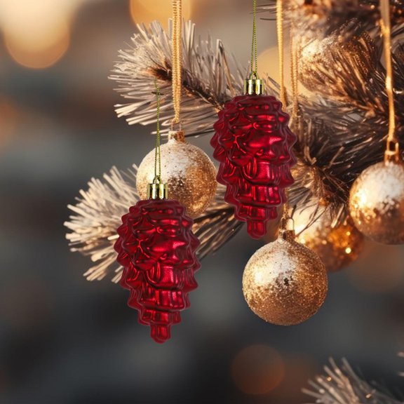 CTIRCHIU 8Pcs Easy Install Dark Red Plastic Christmas Pine Cone Ornaments for Tree