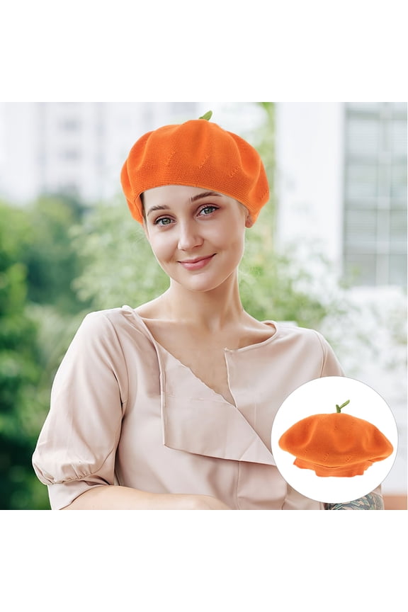 Adorable Orange Fruit Beret Hat with Leaf Decoration for Spring and Autumn Decor Women's's Polyester Cap