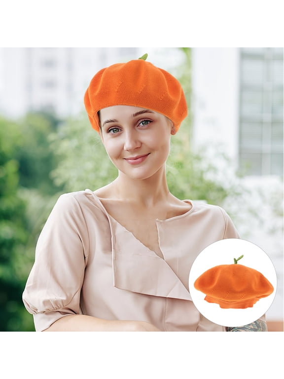 Women's Stylish Orange Fruit Beret Hat with Leaf , Lightweight Polyester Cap Perfect for Spring and Fall Fashion