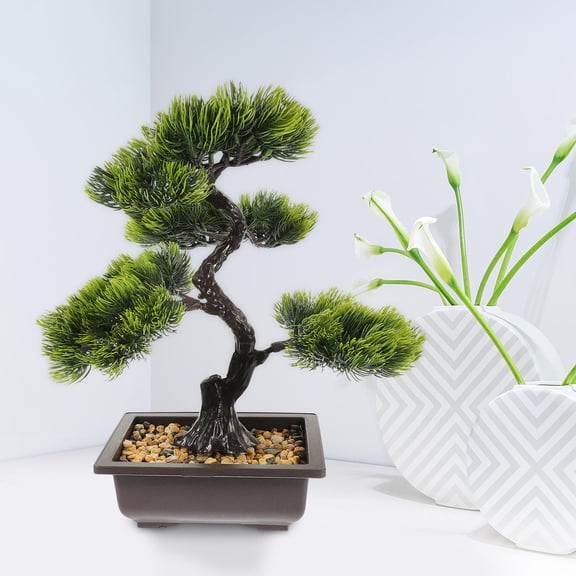 CTIRCHIU Artificial Green Pine Bonsai Tree in Medium Stone Pot, Faux Potted Plant for Indoor Home Office Desk Decor, 1 Pack