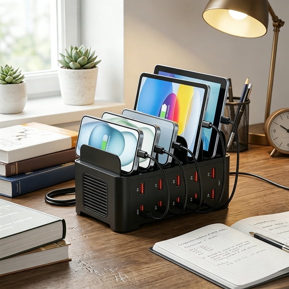 CTIRCHIU Compact USB Charging Dock, 10-Port Intelligent Power Distribution, Black Desktop Organizer
