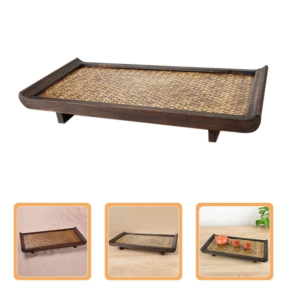 CTIRCHIU Coffee Color Wooden Rattan Tea Tray Decorative Serving Tray for Snacks and Fruits