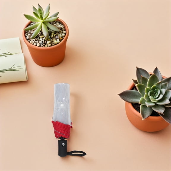 CTIRCHIU Windproof Clear Travel Umbrella with Red Canopy Plastic Automatic Folding Rain Umbrella