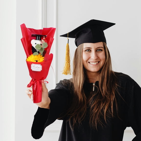 CTIRCHIU Graduation Plush Bear Bouquet with Red Sunflower and Cap Unique Home Decoration