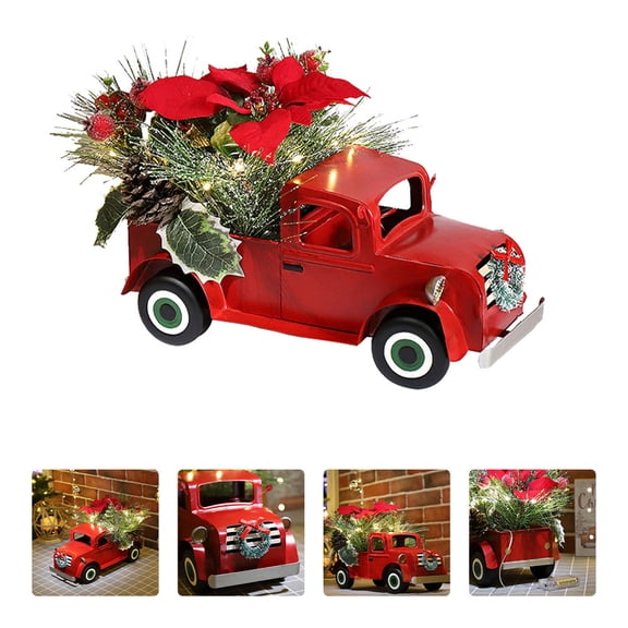 CTIRCHIU Red Truck Decorative Ornament Made of Iron with Light for Home and Festival Use