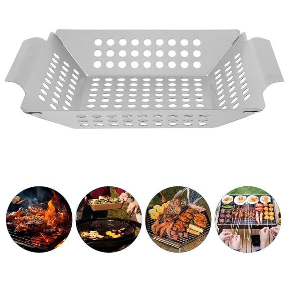 CTIRCHIU Versatile Hollow Grilling Basket for Kitchen Use Raised Edges and Comfortable Grip Plated Silver