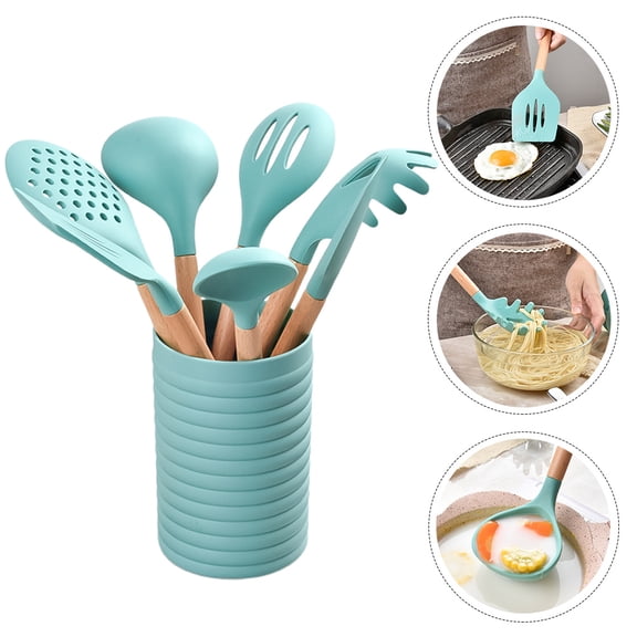 CTIRCHIU SkyBlue Cookware Set with Wooden Handle Silicone Cooking Utensils for Kitchen Use 7 Pieces