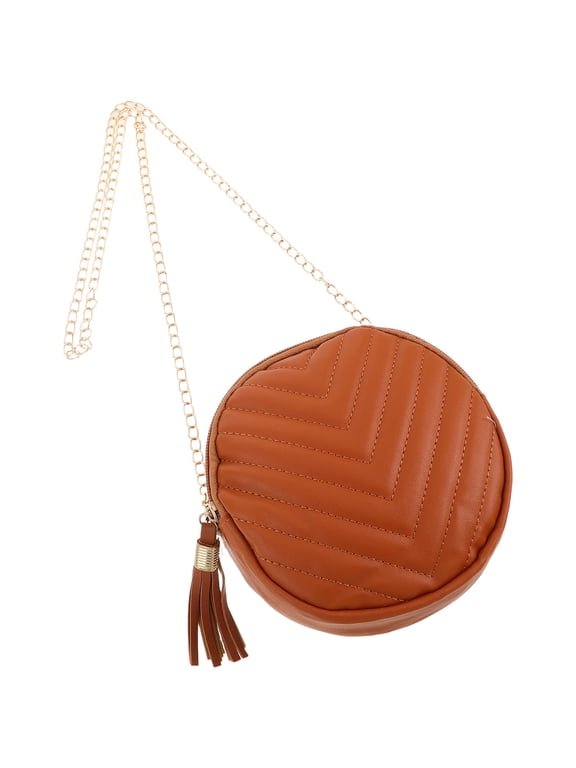 Brown Small Round Crossbody Purse with Fringe and Durable Material