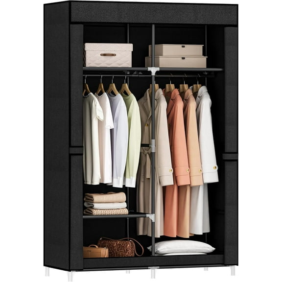 CTIVBI 35.8 Inch Closet Wardrobe  Clothes Storage Organizer for Hanging Clothes with Cover  2 Hanging rods  5 Storage Shelves  Portable Closet for Bedroom 35.8 x 17.7 x 66 inches  Pure Bl