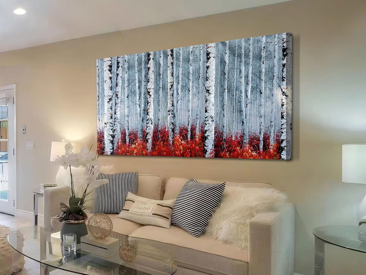 CTLL-Birch Tree Wall Art White Landscape Grey Canvas Fall Forest Leaves ...