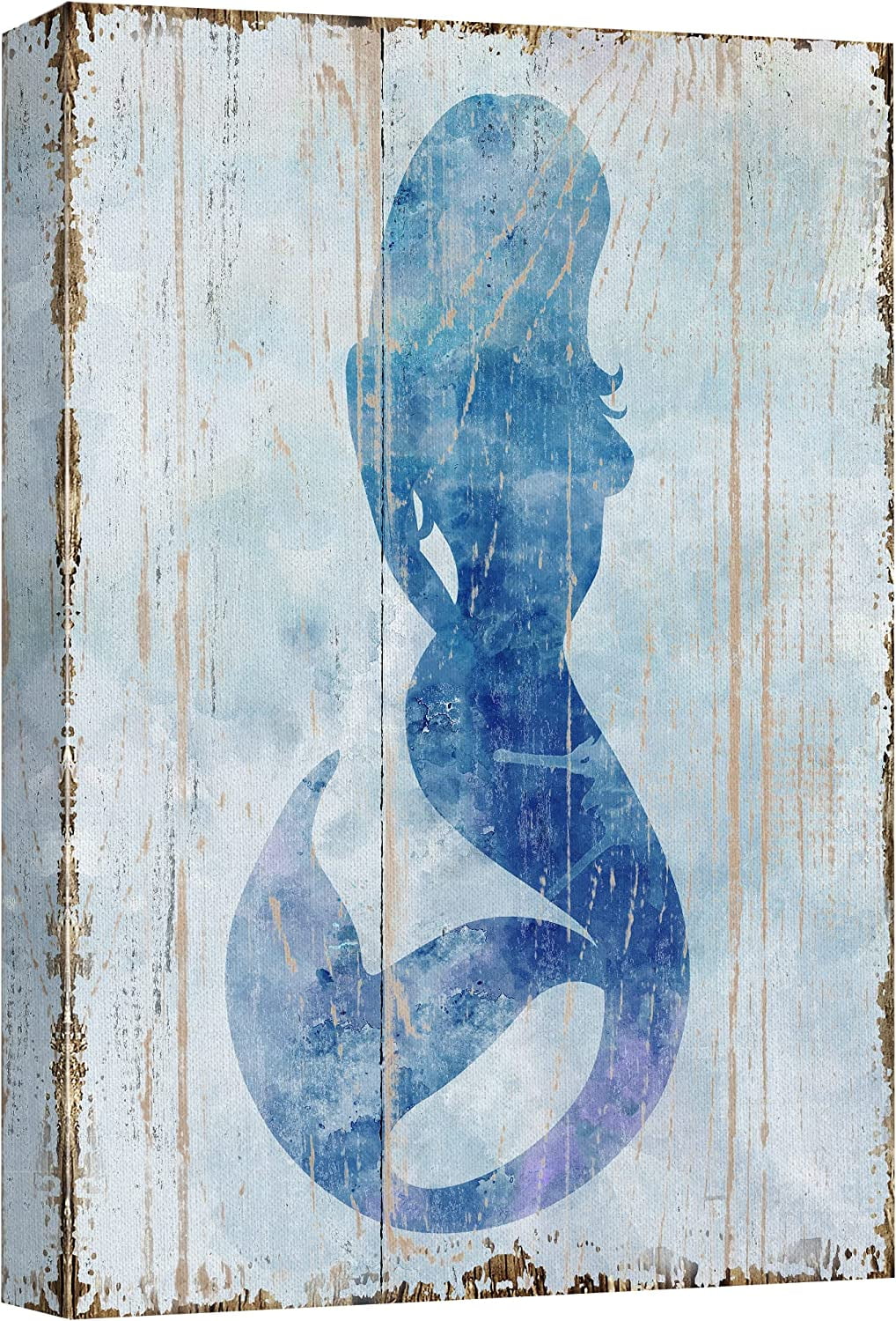 CTLLCanvas Print Wall Art Blue Mermaid Silhouette on Wood Panels