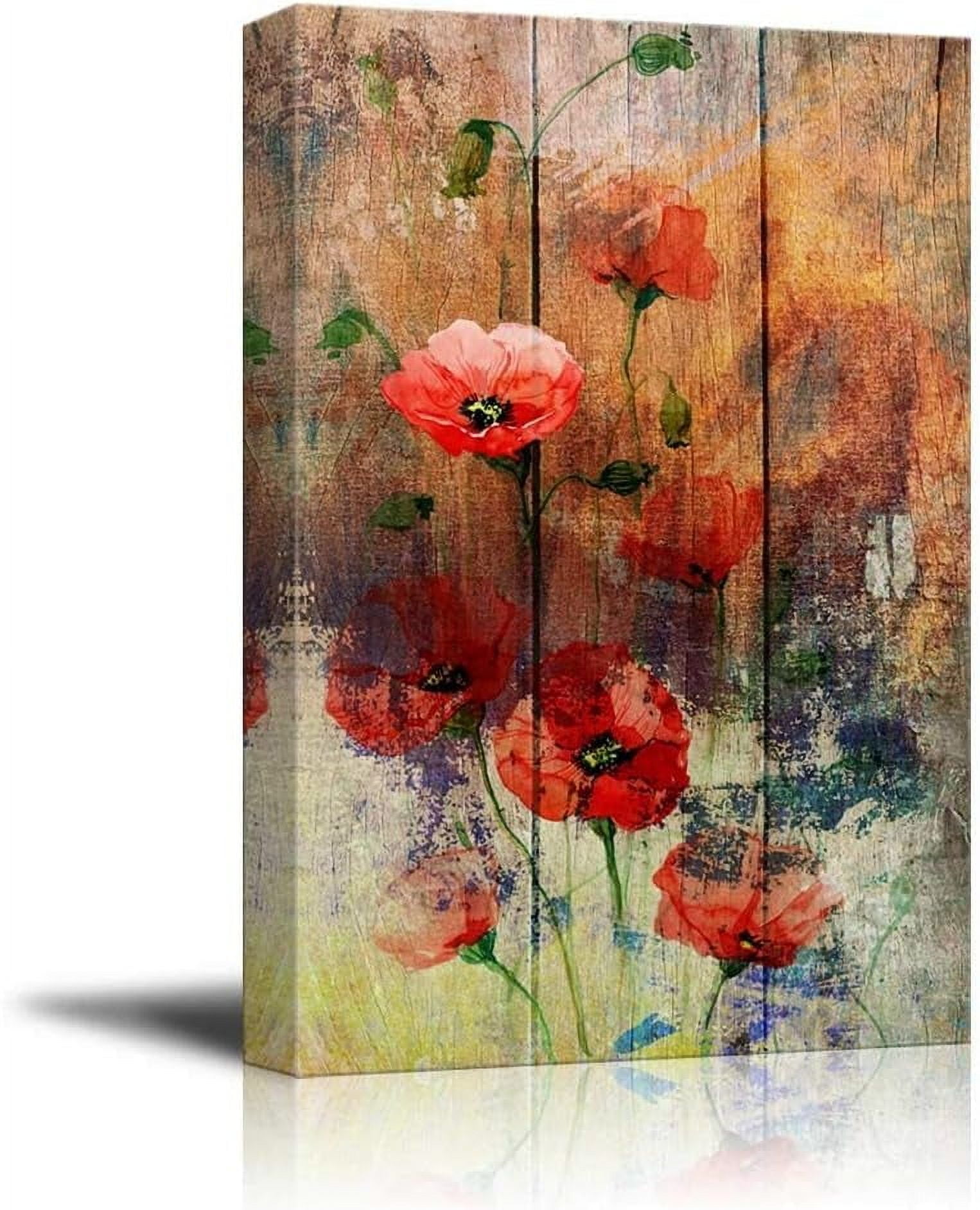 CTLLCanvas Print Wall Art Grunge Watercolor Red Poppy Flowers on Wood