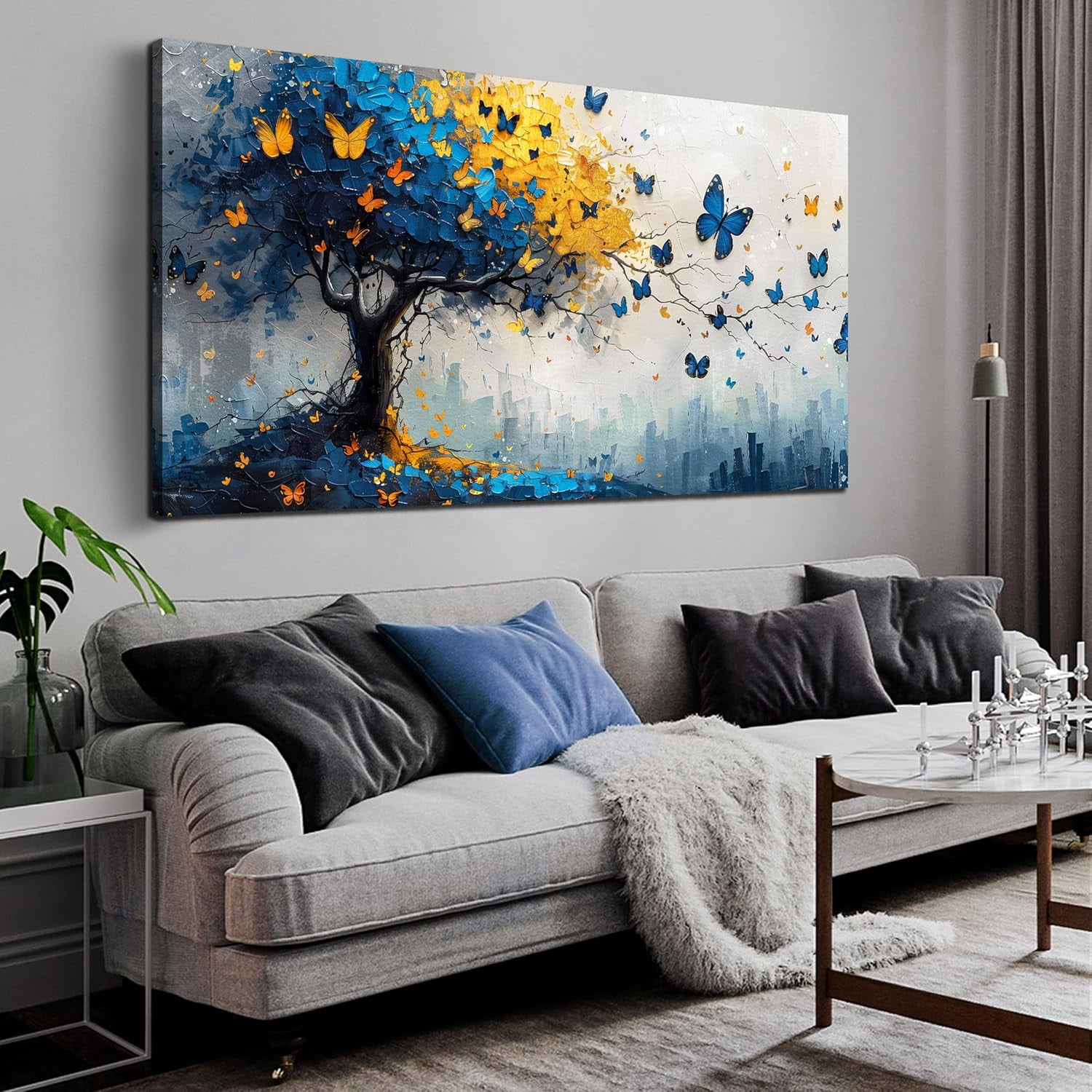 CTLLCanvas Wall Art for Living Room Grey and Blue Butterfly Tree of