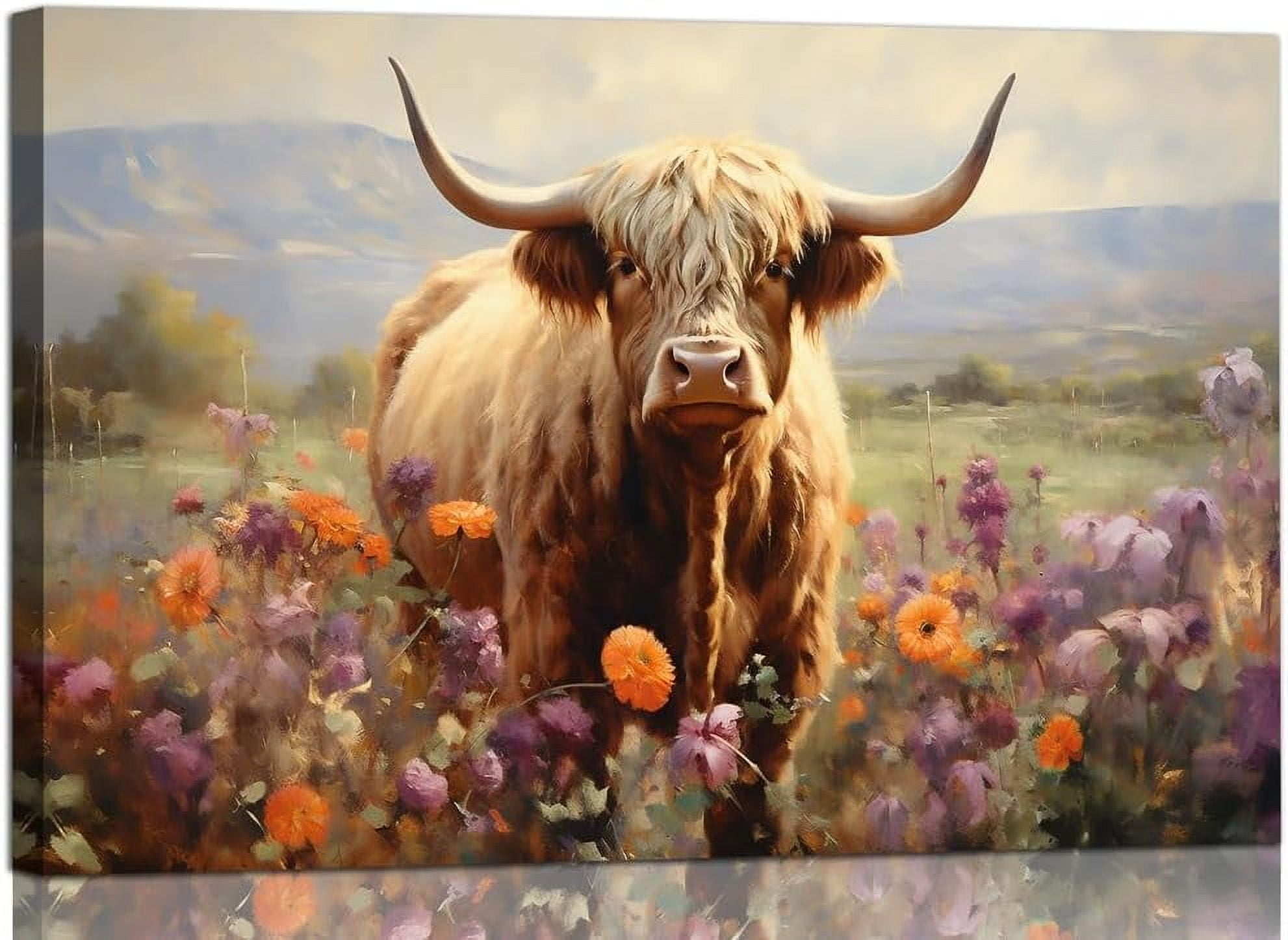 Tableau Highland Cow - Art Mural Toile - Vache Des Highlands - Non Encadré - Premium