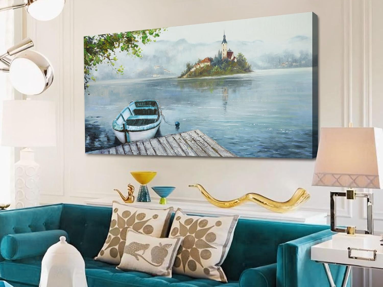 CTLL-Lake Canvas Wall Art Blue Grey Sky Nature Landscape Boat Picture ...