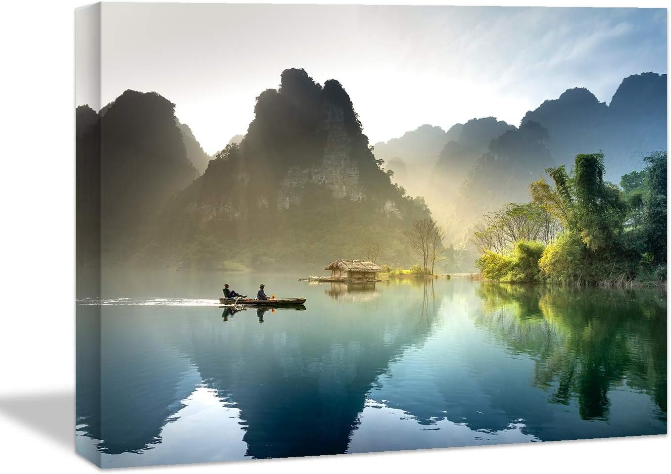 CTLLLandscape Canvas Wall Art, Misty Boat on Green Lake with Mounatins