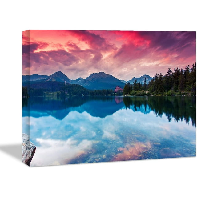 CTLLLandscape Canvas Wall Art, Red Sky Clound, Blue Lake and Green