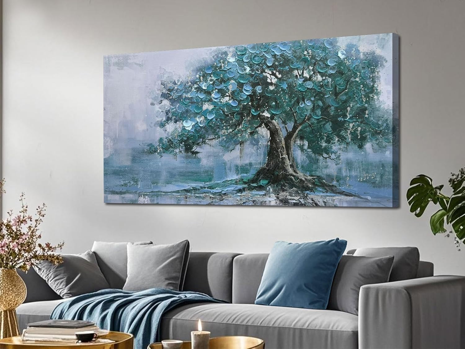 CTLLTree Canvas Wall Art Teal Tree of Life Landscape Picture Modern