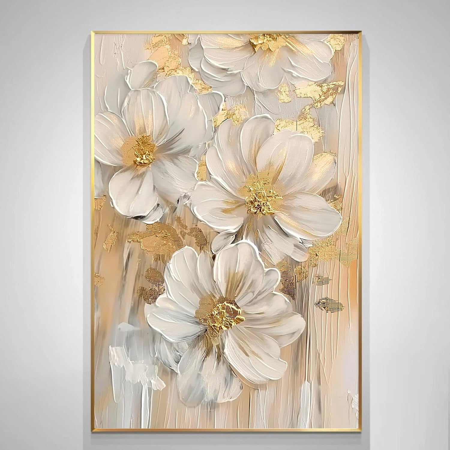 Visual Reference: Ctll White And Gold Floral Picture Textured Flower Canvas Wall