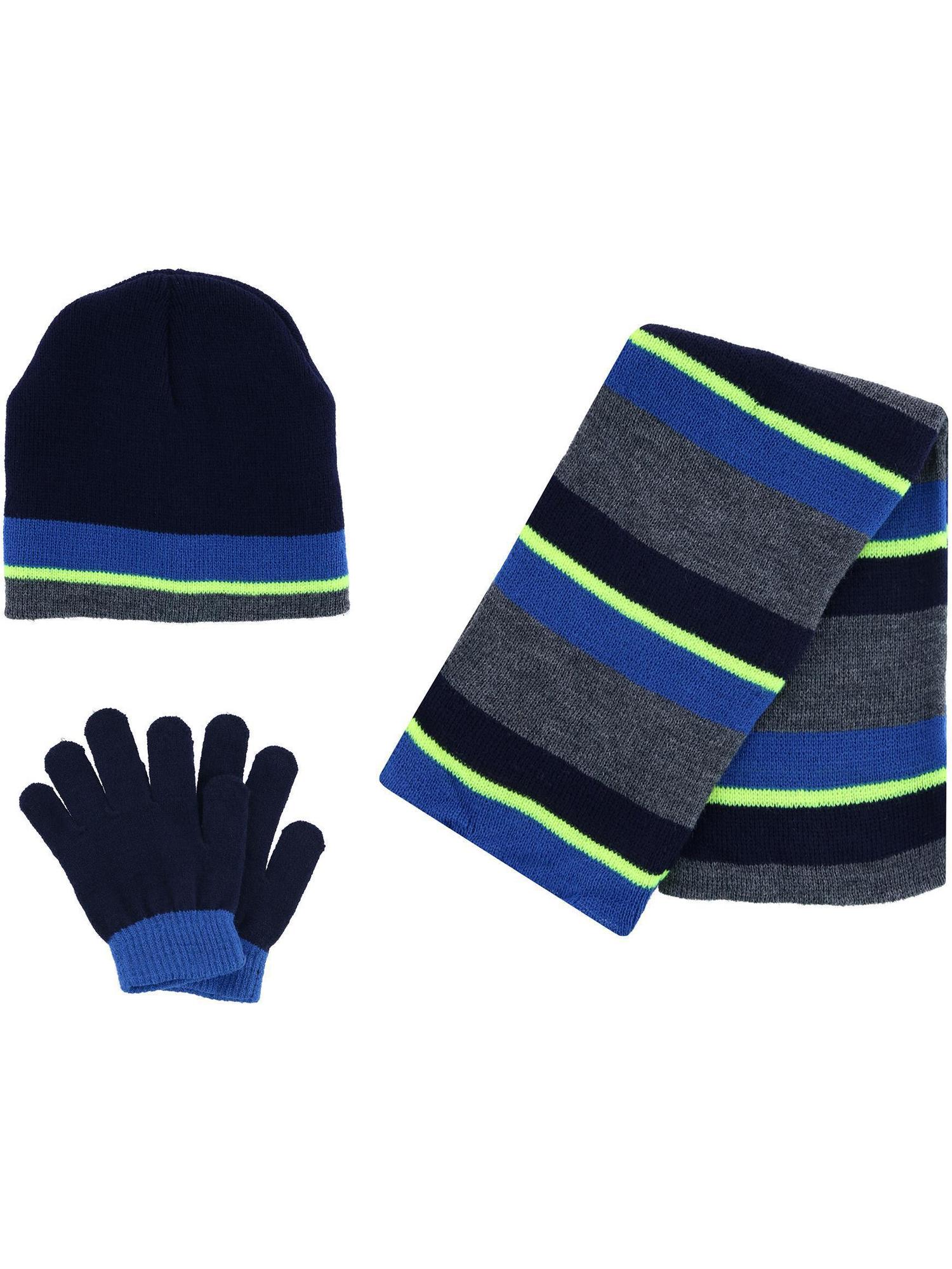 CTM Boys' Striped 3 Piece Set Hat Gloves and Scarf