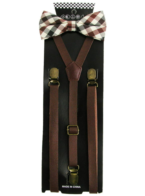 CTM  Brown Plaid Bow Tie with Brown Faux Leather Suspender Set (Men)